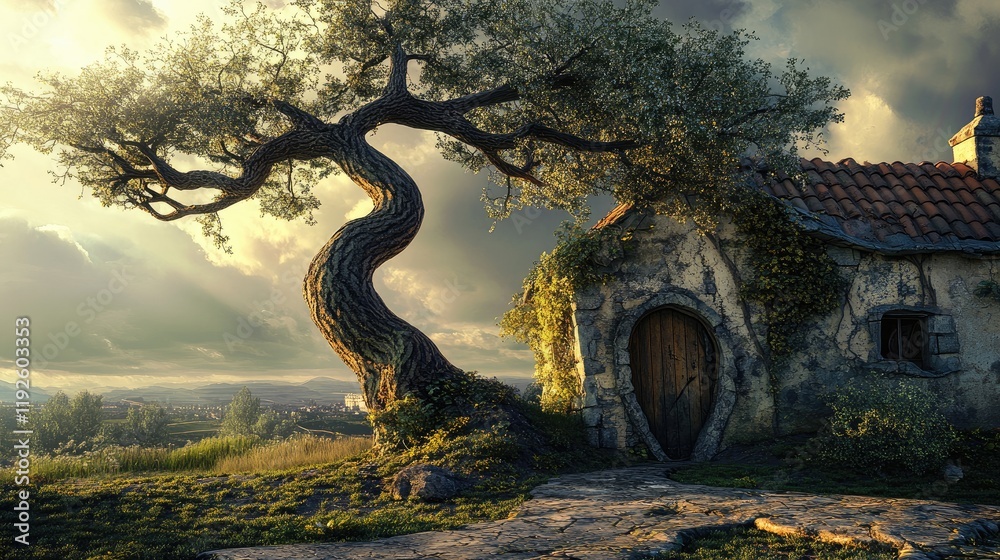 Poster crooked tree beside rustic building with dramatic sky in the background capturing enchanting nature and architecture harmony