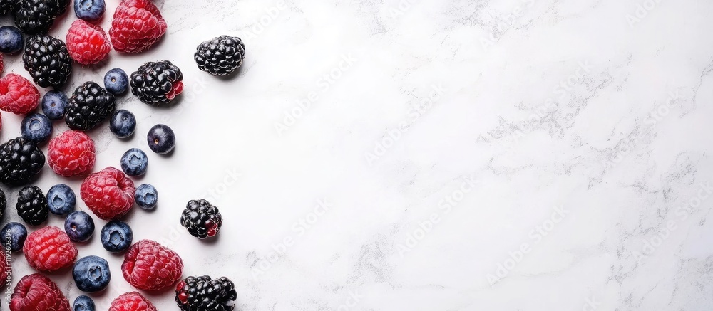 Poster fresh berries assortment with raspberries, blackberries, and blueberries on marble background provid