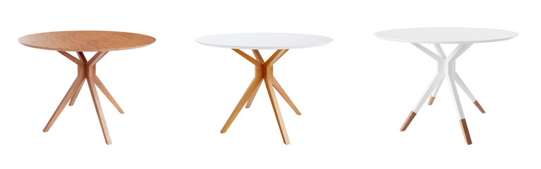 Set of round tables isolated on transparent background. 3D render.