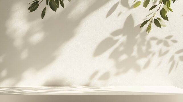Natural light leaves shadow overlay on minimalist background ideal for product presentation podium and mockup with blurred texture effect