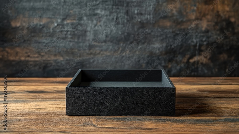 Poster elegant black box frame for picture display on rustic wooden background with ample empty space for t