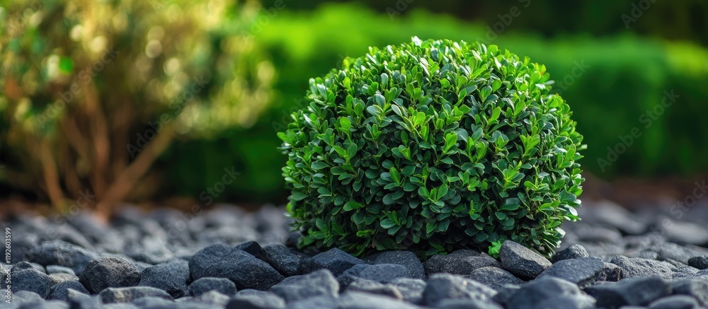 Poster lush green shrub positioned on pebbles enhancing landscape aesthetics with ample space for text inse