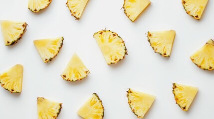 Naklejka premium Freshly Sliced Golden Pineapple Segments Arranged Aesthetically on Clean White Background for Culinary and Food Photography