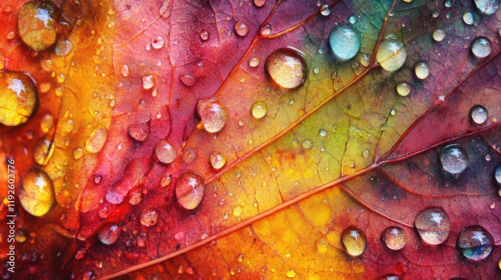 Poster Autumn leaves with vibrant raindrops creating a colorful abstract nature pattern in close-up photography