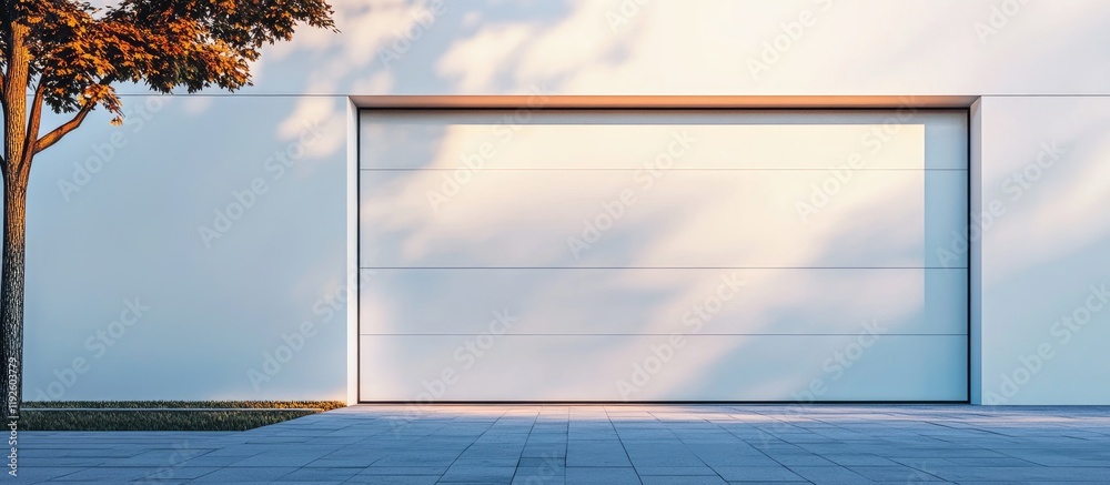 Poster Modern bright garage exterior design with empty wall space ideal for customizable text or branding applications