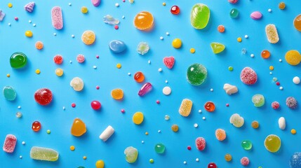 Colorful array of assorted jelly candies and sugar-coated treats scattered on a vibrant blue background for festive and sweet-themed visuals