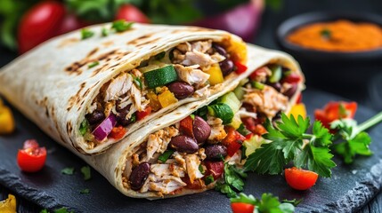 Savory tuna burrito packed with fresh vegetables beans and spices on a rustic slate background