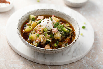 Traditional cold soup with ham and potato