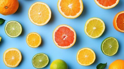 Obraz premium Vibrant Assortment of Fresh Citrus Fruits Displayed on Bright Blue Background
