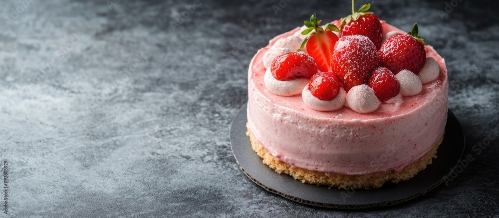 Aufkleber strawberry yogurt cake on a textured gray table with space for text showcasing its delicious topping
