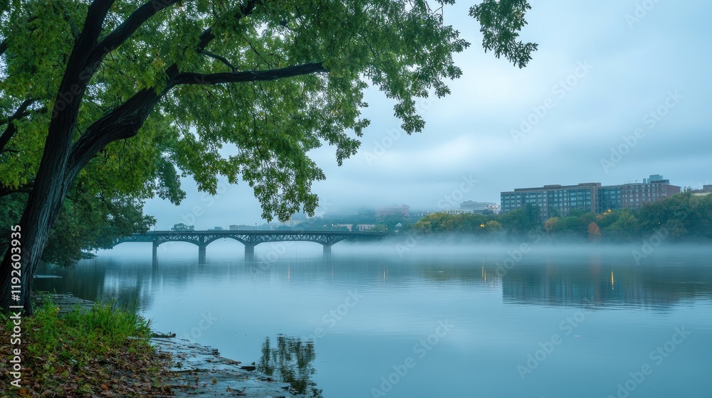 Poster misty river landscape with fog and overcast skies enhancing natural serenity and calmness