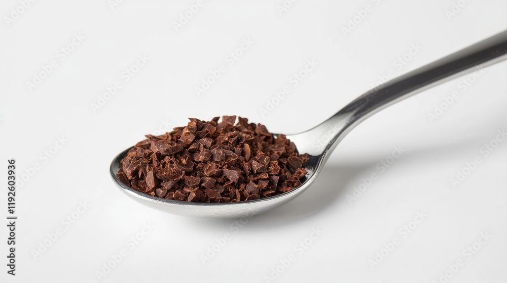 Aufkleber Cocoa nibs on a silver spoon showcasing rich texture and color for culinary and health-focused concepts