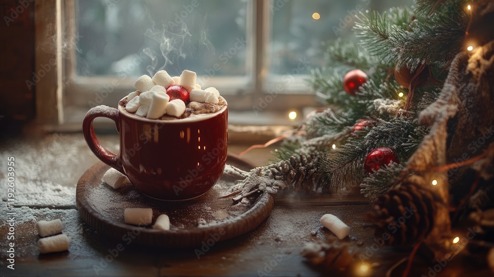 Poster cozy hot cocoa in red mug with marshmallows beside festive tree and seasonal decorations in warm rus
