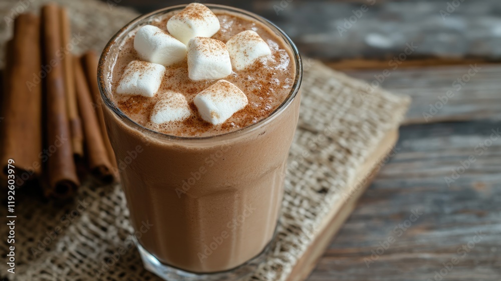 Poster cocoa beverage topped with marshmallows and cinnamon served in a glass on a rustic wooden surface