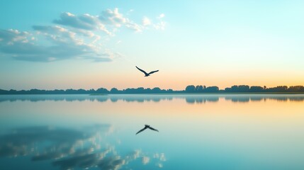 Bird flying over a calm lake in serene landscape background