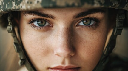 Portrait of a soldier with striking eyes symbolizing strength and resilience at a women's empowerment event showcasing bravery and determination.