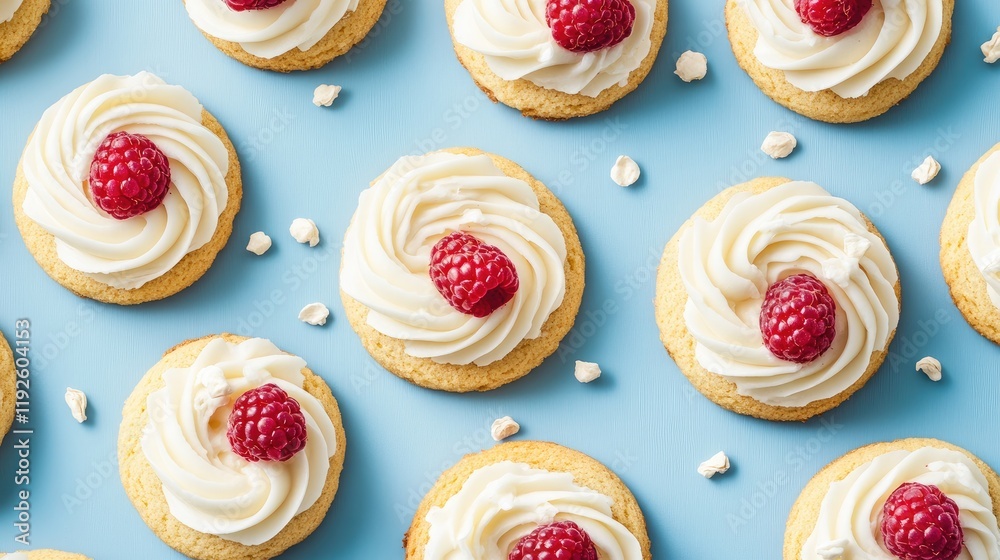 Aufkleber Cookies topped with cream icing and fresh raspberries arranged on a blue background for a colorful dessert display.