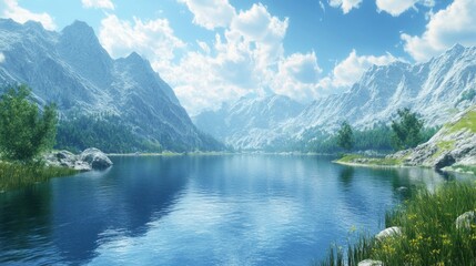 Fototapeta premium Serene Mountain Lake Landscape: A Breathtaking Vista of Pristine Nature