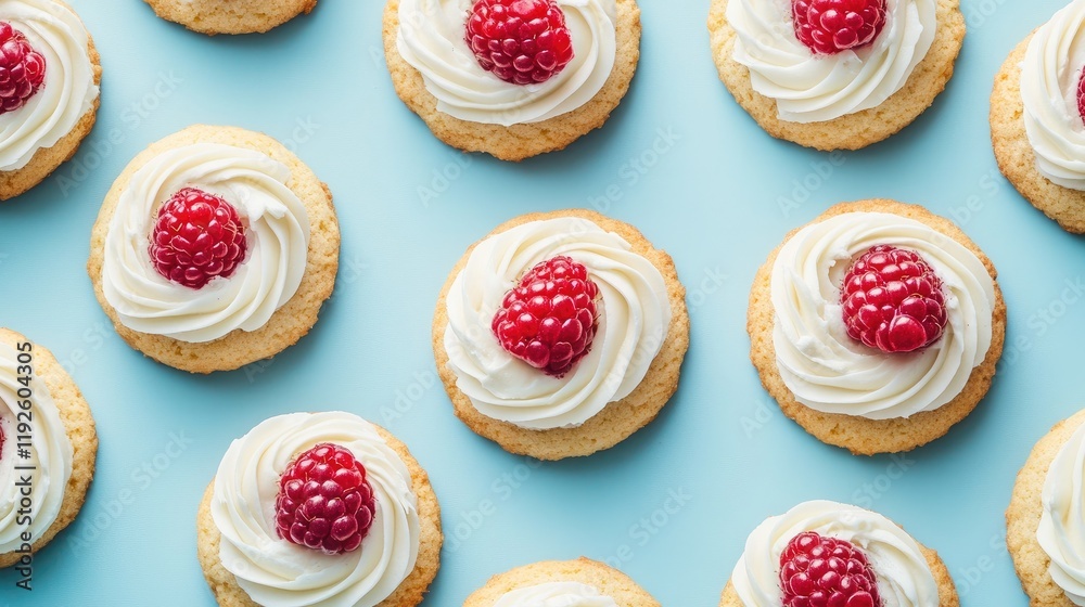 Poster cream frosted cookies topped with fresh red raspberries arranged on a pastel blue background for a v