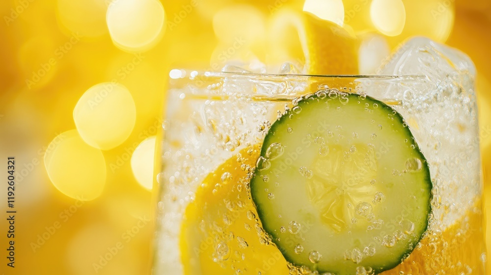 Poster refreshing tonic water cocktail with lemon and cucumber slices in a glass against a vibrant yellow b