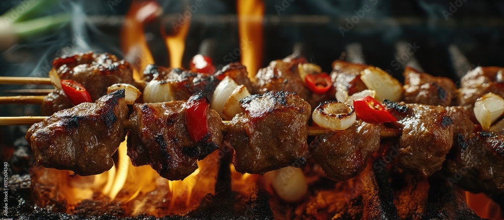 Poster sizzling grilled satay skewers with chili and shallots over flames offering space for text to highli
