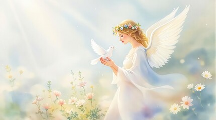 Beautiful angel girl with large white wings holding a white dove in a field of flowers. Peaceful, serene, spiritual artwork. Perfect for religious, fantasy, or spiritual designs