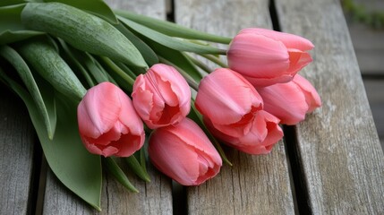 Pink tulip bouquet arranged on rustic wooden table background showcasing floral beauty and natural elegance.