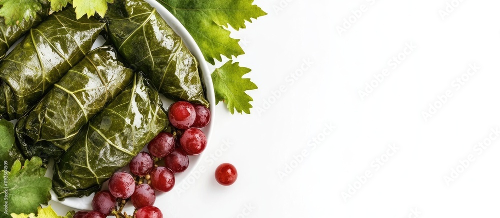 Poster stuffed grape leaves with herbs displayed elegantly on a plate surrounded by fresh leaves and room f
