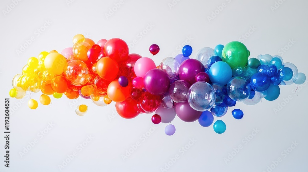 Poster colorful collection of rainbow balloons on white background with blank space for custom text and cre
