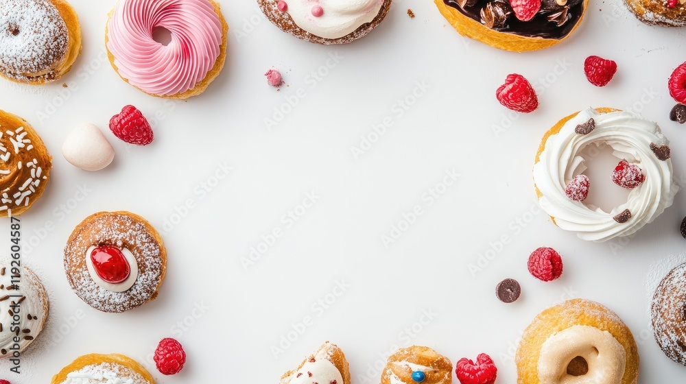 Poster vibrant assortment of bakery pastries with playful designs and empty space for creative text or prom