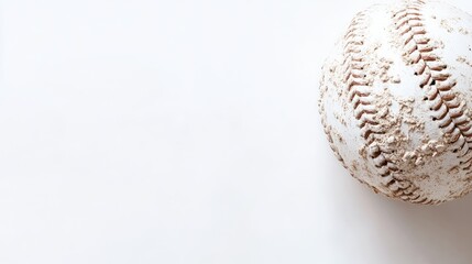 Closeup of a worn baseball on a white background with ample space for text or branding design usage.