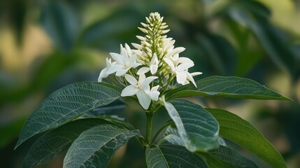 Obraz premium White floral bloom with green foliage in soft focus background showcasing nature's detail and beauty in close-up photography.