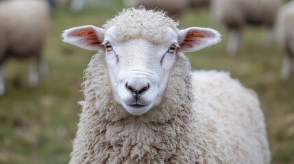 Obraz premium Close up portrait of a fluffy sheep calmly grazing on a farm surrounded by greenery and other sheep in a pastoral setting