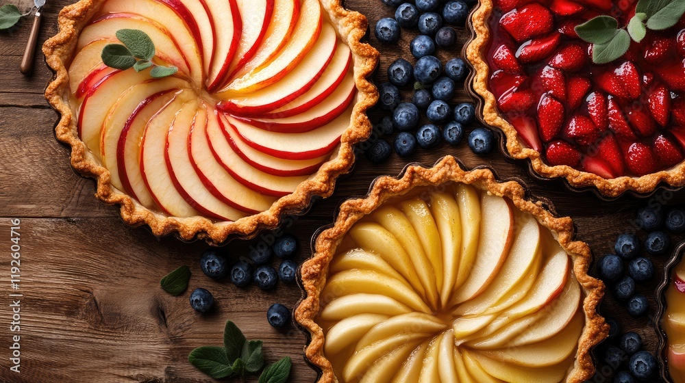 Poster assorted fruit tarts with apples and blueberries on a rustic wooden table showcasing vibrant colors 