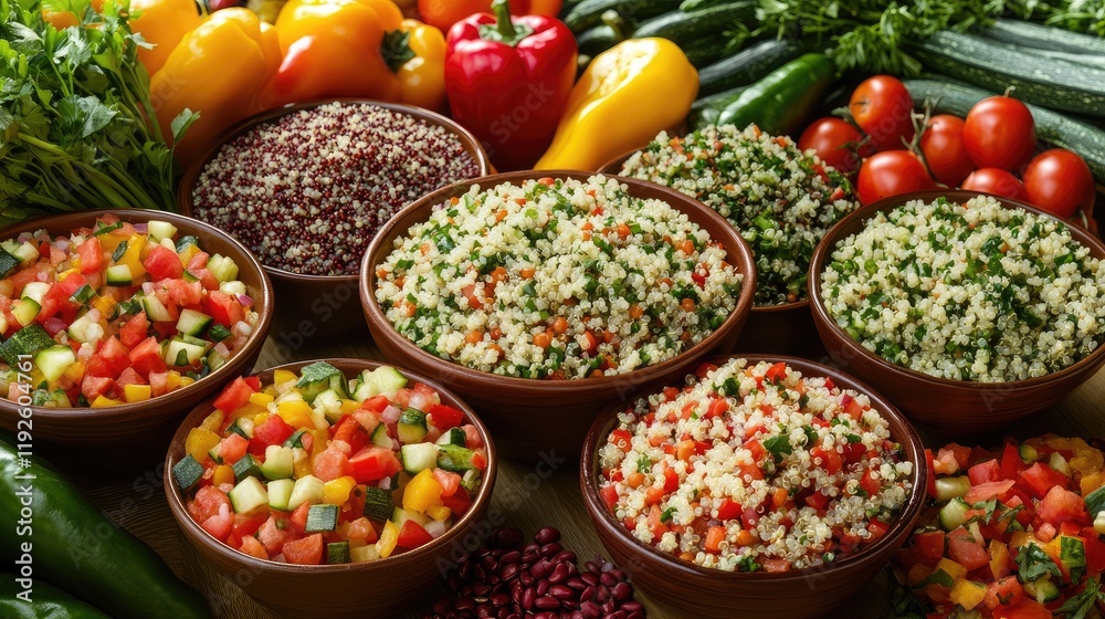 Poster vibrant quinoa salad featuring fresh vegetables in rustic bowls surrounded by colorful produce on a 
