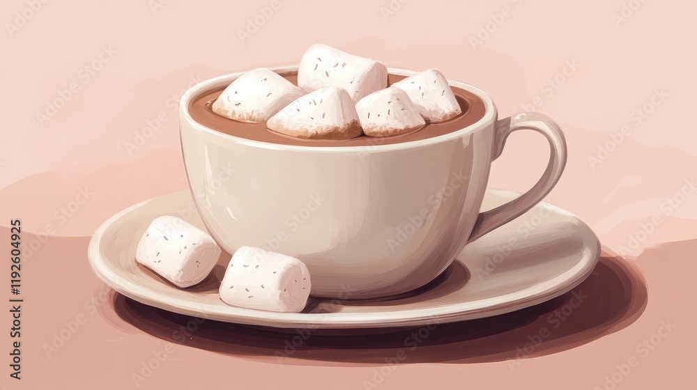 Poster delicious hot cocoa topped with fluffy marshmallows in a cozy ceramic cup on a soft pastel backgroun