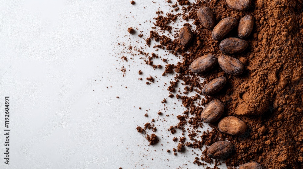 Aufkleber cocoa beans and powder scattered on a white background highlighting their rich color and nutritional