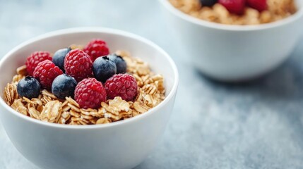 Healthy breakfast bowls of oatmeal topped with fresh berries with ample copy space for text and branding possibilities.