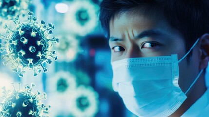Medical professional in face mask studying COVID-19 virus in laboratory setting conveying urgency and dedication to health safety