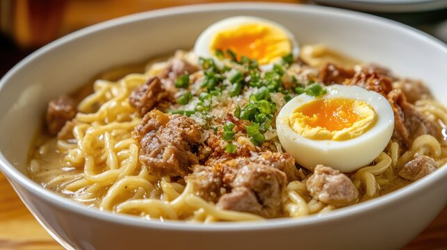 Close up of Filipino pork mami noodle soup with hard boiled egg topped with green onions in a white bowl for a delicious breakfast meal