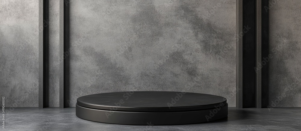 Aufkleber Black circular podium for 3D product display in a modern studio with textured walls and ample empty space for customizable text