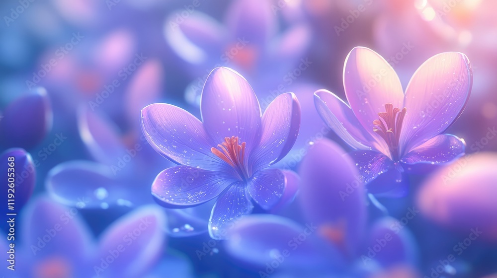 Poster crocus flowers blooming with soft light and water droplets in a serene and vibrant botanical backgro