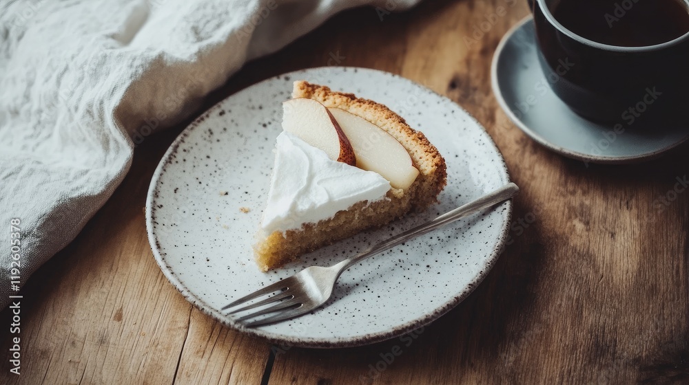 Poster Pear cake slice on a rustic plate with whipped cream and coffee on wooden table setting inviting warm atmosphere for dessert lovers