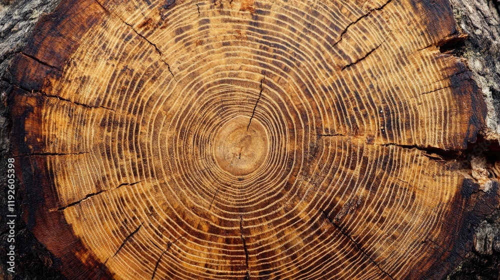 Poster Cross section of a tree trunk showcasing intricate growth rings and natural texture illustrating age and environmental history