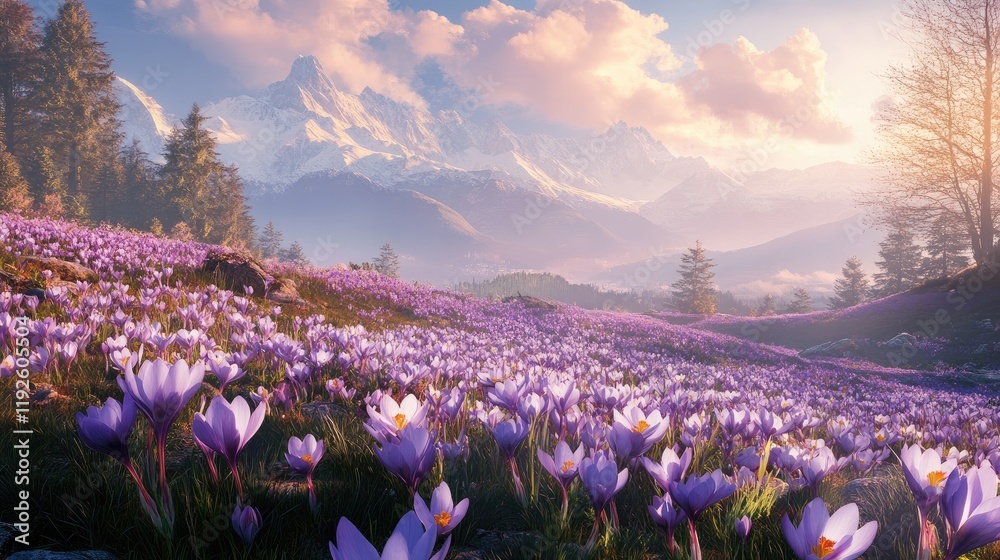 Poster crocus flowers blooming in an alpine meadow during spring with stunning mountain backdrop and vibran