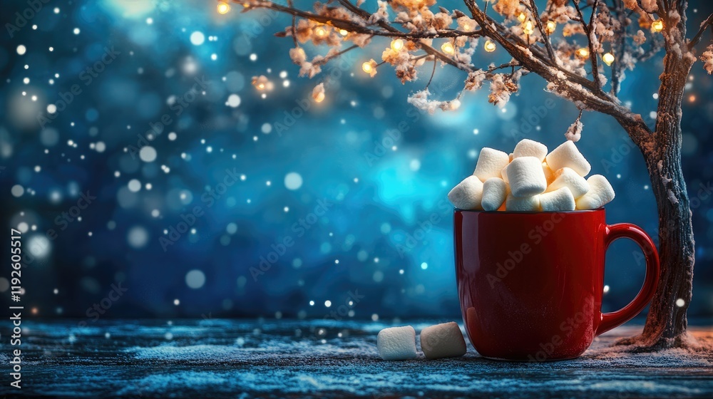 Poster Cocoa with marshmallows in red mug on wooden surface with tree illuminated by lights and soft bokeh in winter setting