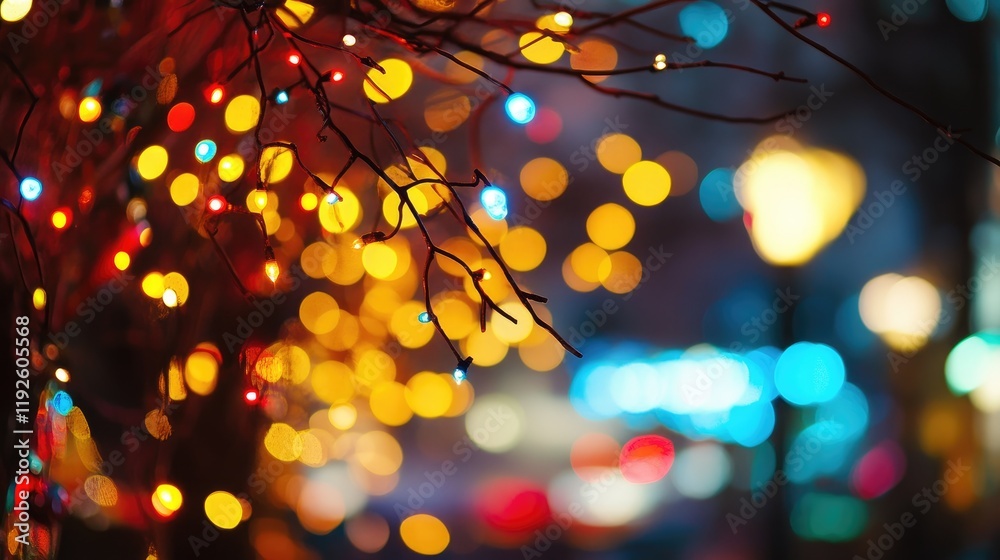Poster Bokeh lights on branches creating a colorful festive atmosphere in a nighttime urban setting