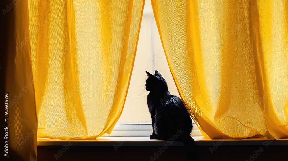 Poster Black cat sitting on a windowsill framed by flowing yellow curtains with ample space for text and vibrant light filtering through.