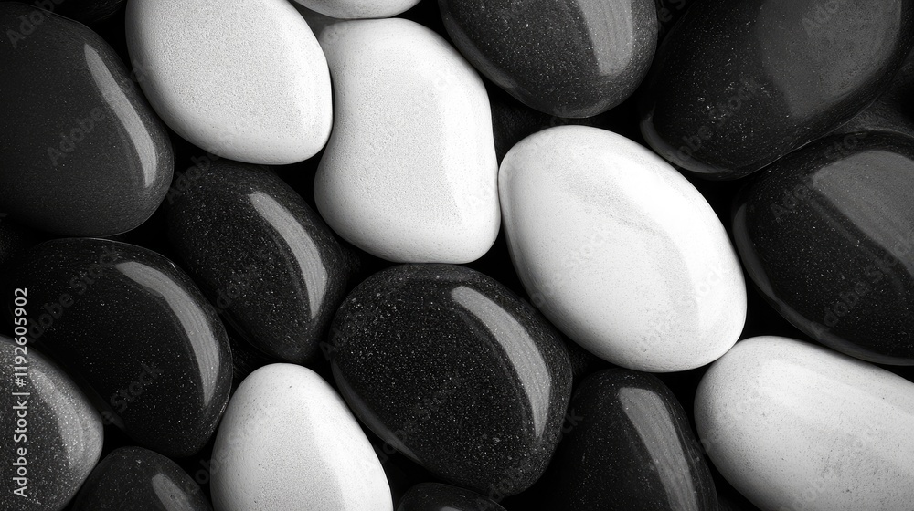 Poster elegant arrangement of smooth black and white pebbles showcasing contrast and texture in a minimalis