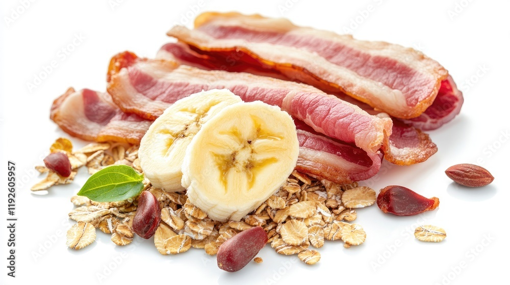 Poster Banana slices muesli and crispy bacon arranged on white background showcasing unique breakfast combination.